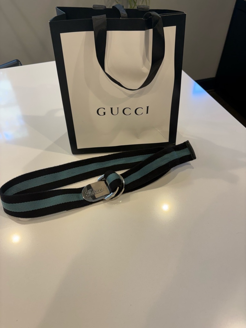Gucci blue turqouise  racing Striped Web D-Ring Belt size 30 under As is Italy